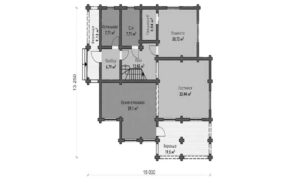 Проект двухэтажного дома из оцилиндрованного бревна, 273 м2