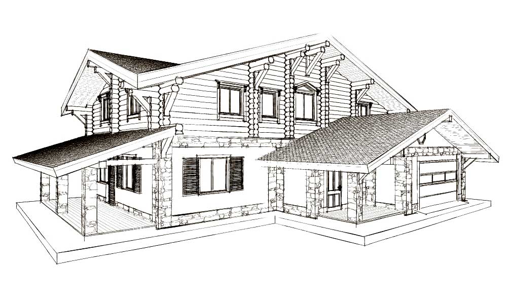 Проект комбинированного дома с гаражом из оцилиндрованного бревна, 311,34 м2