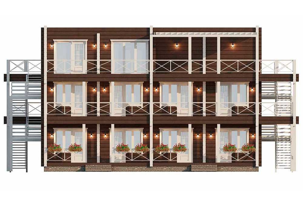 Проект  трехэтажной гостиницы из клееного бруса, 550 м2