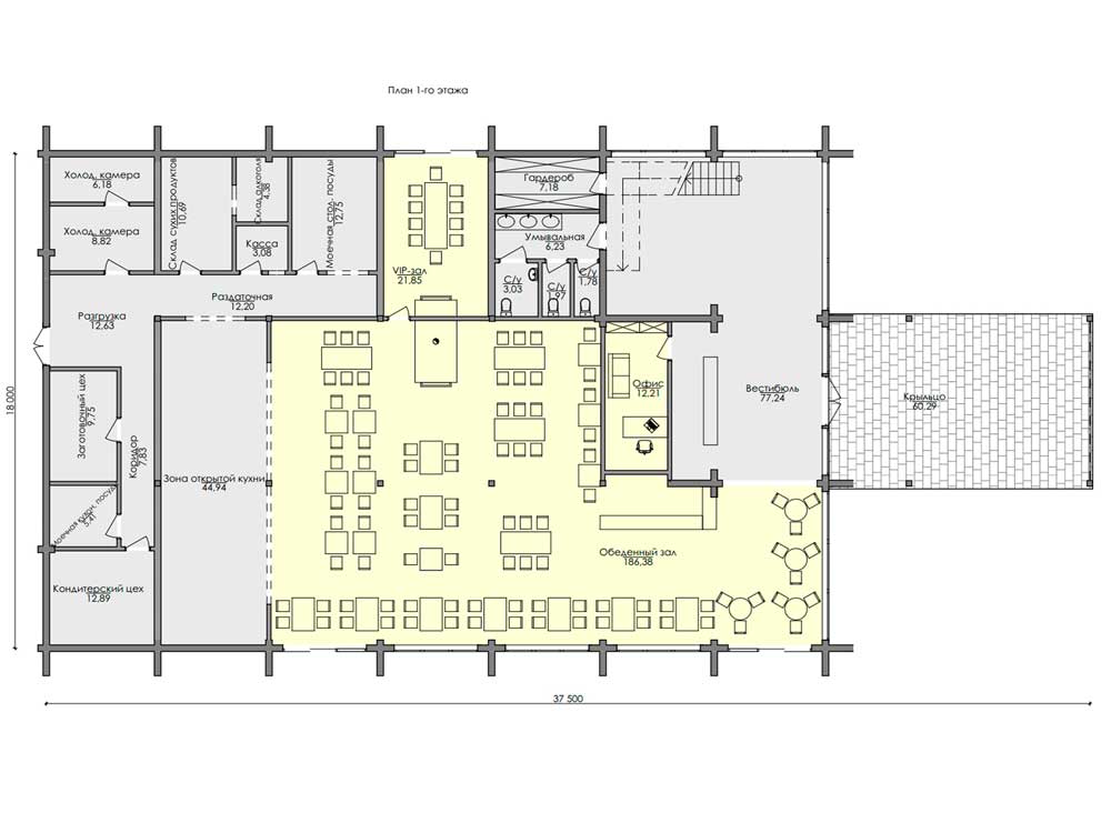 Проект двухэтажной гостиницы из клееного бруса, план 1-го этажа