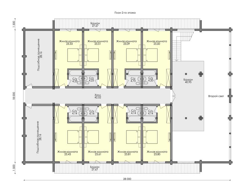 Проект двухэтажной гостиницы из клееного бруса, план 2-го этажа