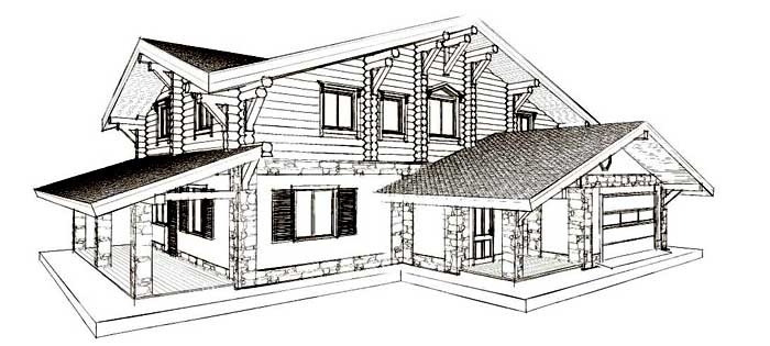 Проект комбинированного дома с гаражом из оцилиндрованного бревна, 311 м2