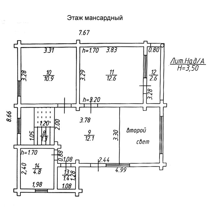Деревянный двухэтажный дом-сруб, план мансардного этажа