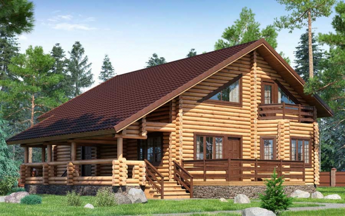 Проект деревянного дома с мансардой из оцилиндрованного бревна, 268 м2 (041)